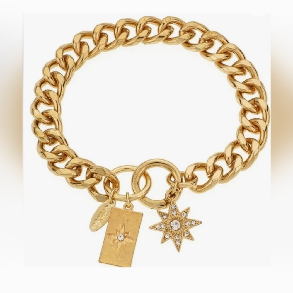 ettika Gold Charm Curb Chain Bracelet with Star and Bar Pendants